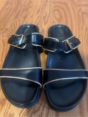 Buscemi Black Slide Sandals with Gold Trim - Women